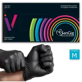 SanGig. Рукавички нітрилові неопудрені V, 5 g, M, 100 шт, Чорні — SanGig, NAILSMADE