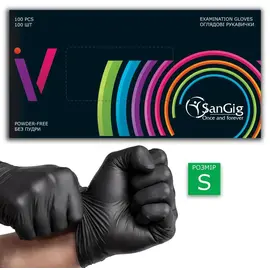 SanGig. Рукавички нітрилові неопудрені V, 5 g, S, 100 шт, Чорні — SanGig, NAILSMADE