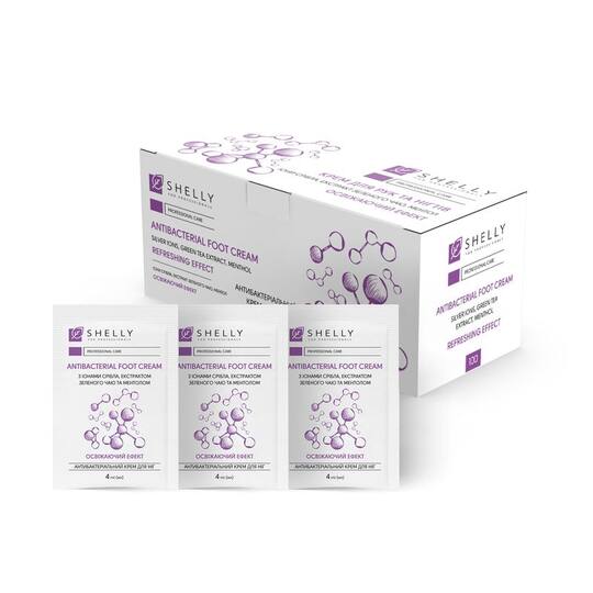 SHELLY.  Antibacterial foot cream with silver ions, green tea extract and menthol, 100 pcs*4 ml. Антибактеріальний крем для ніг з іонами срібла, екстрактом з...