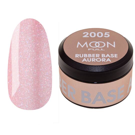 MOON FULL. Rubber Base, Aurora #2005, 15 ml. Каучукова кольорова база з дрібнм шиммером, рожева