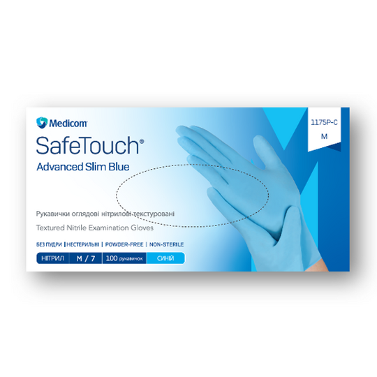 Medicom. Рукавички нітрилові неопудрені, SafeTouch Advanced, 3.5 g, S, 100 шт, сині