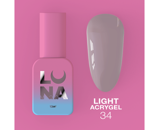 LUNA Light Acrygel #34 Dusty lilac, 13 ml, рідкий гель, припилений ліловий #1