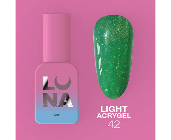 LUNA Light Acrygel #42 Green shimmer, 13 ml, світловідбиваючий рідкий гель, зелений з шимером #1