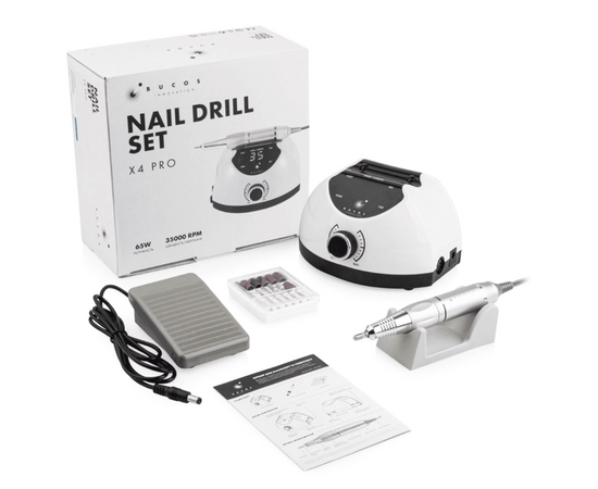 BUCOS. Nail drill "BUCOS X4 PRO", WHITE PEARL, 65W. Фрезер + 6 покращених фрез, 35 тисяч оборотів, реверс #8