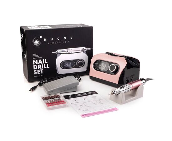 BUCOS. Nail drill "Bucos ZS-717", pink, 65W. Фрезер + 6 покращених фрез, 35 тисяч оборотів, реверс, рожевий корпус #6