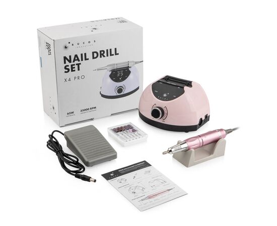 BUCOS. Nail drill "BUCOS X4 PRO", smooth pink, 65W. Фрезер + 6 покращених фрез, 35 тісяч оборотів, реверс #7