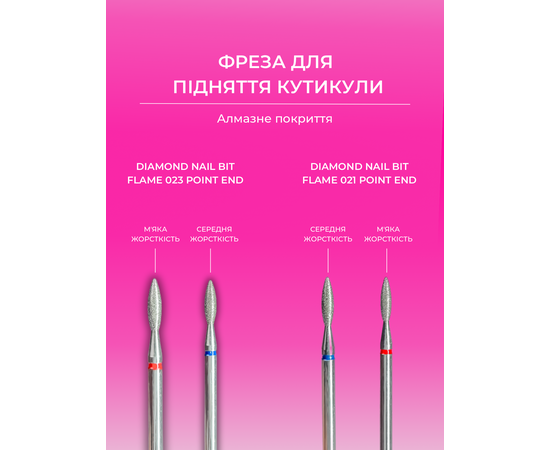 EDLEN. Diamond nail bit, flame, red, point end, Ø 2.1 mm. Фреза алмазна "Полум'я" червона, загострена #2
