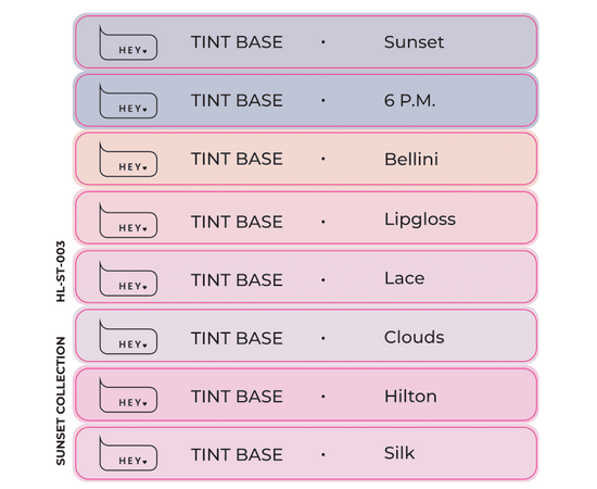 HEYLOVE. Набір наклейок для демонстраційних тіпс. Tint base, Sunset collection #1