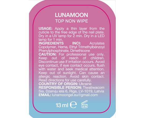 LUNAmoon. NON WIPE UV Top Coat, 13 ml, глянцевий топ з УФ-фільтрами без липкого шару для білих відтінків #2