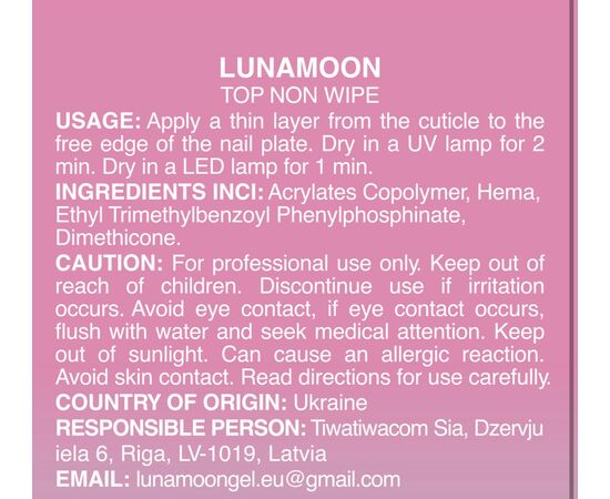 LUNAmoon. Non Wipe Top Coat, 60 ml, глянцевий топ без липкого шару #2