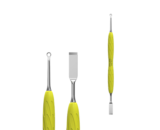 STALEKS. «Gummy» Spatula. Лопатка з силіконовою ручкою UNIQ 11 TYPE 1 (пушер плоский прямий + кільце), з жовтою ручкою #2