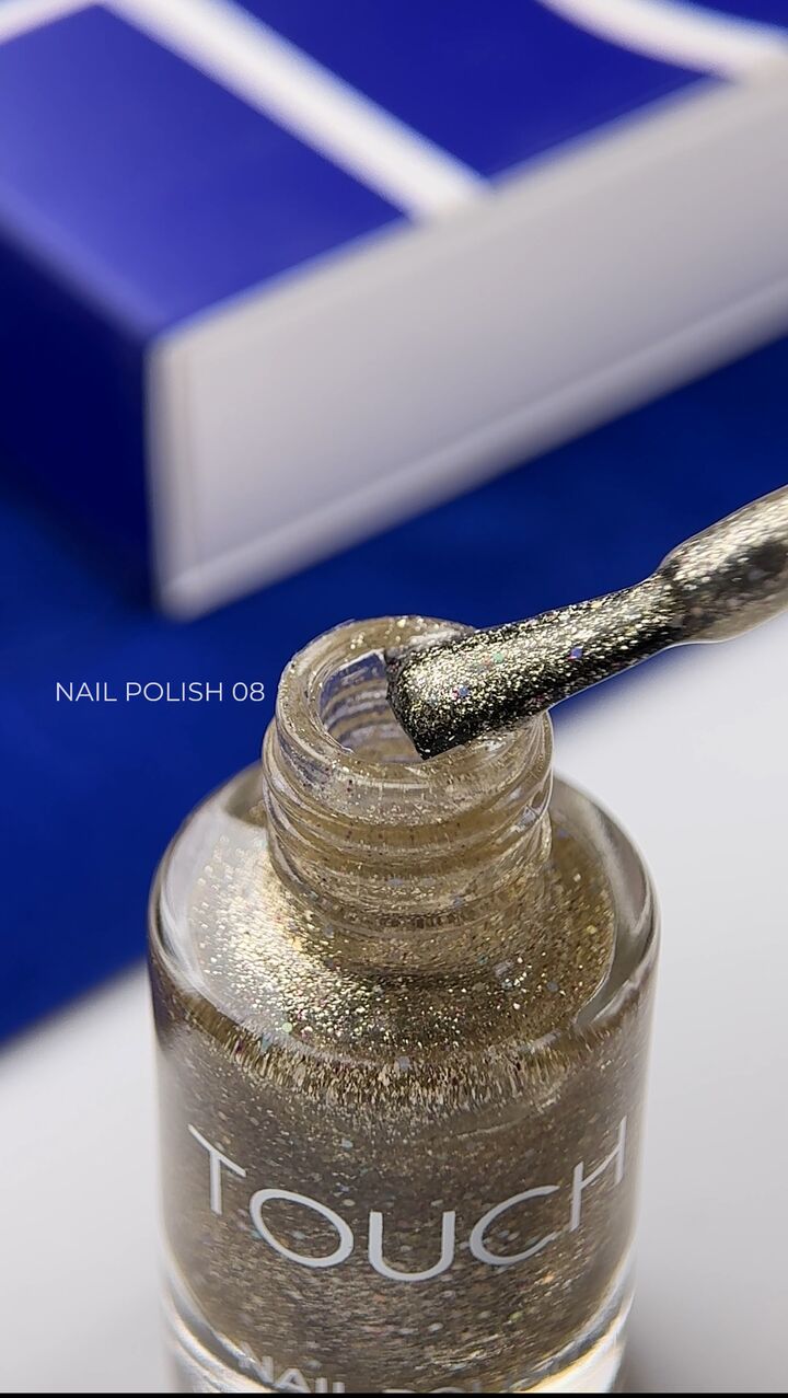 TOUCH. Nail Polish, #08, 8 ml. Лак для нігтів, прозорий із золотистими частинками #3