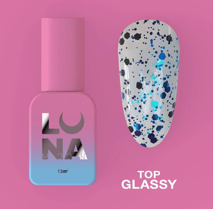 LUNAmoon. Glassy Top Coat, 13 ml, top coat avec des particules brillantes bleues #2