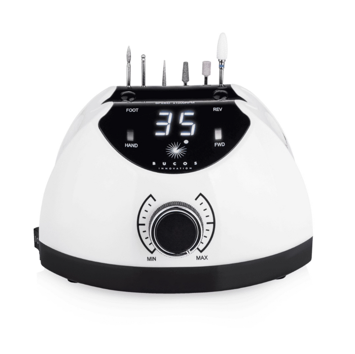 BUCOS. Nail drill "BUCOS X4 PRO", WHITE PEARL, 65W. Fräser + 6 verbesserte Fräser, 35.000 U/min, Rückwärtsgang #4