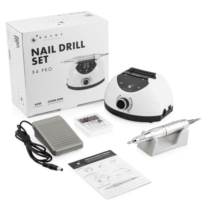 BUCOS. Nail drill "BUCOS X4 PRO", WHITE PEARL, 65W. Fräser + 6 verbesserte Fräser, 35.000 U/min, Rückwärtsgang #8