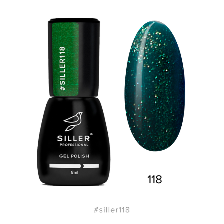 SILLER Gel Polish №118 DARK GREEN with SHIMMER, темно-зелений з шимером, 8 ml, гель-лак #1