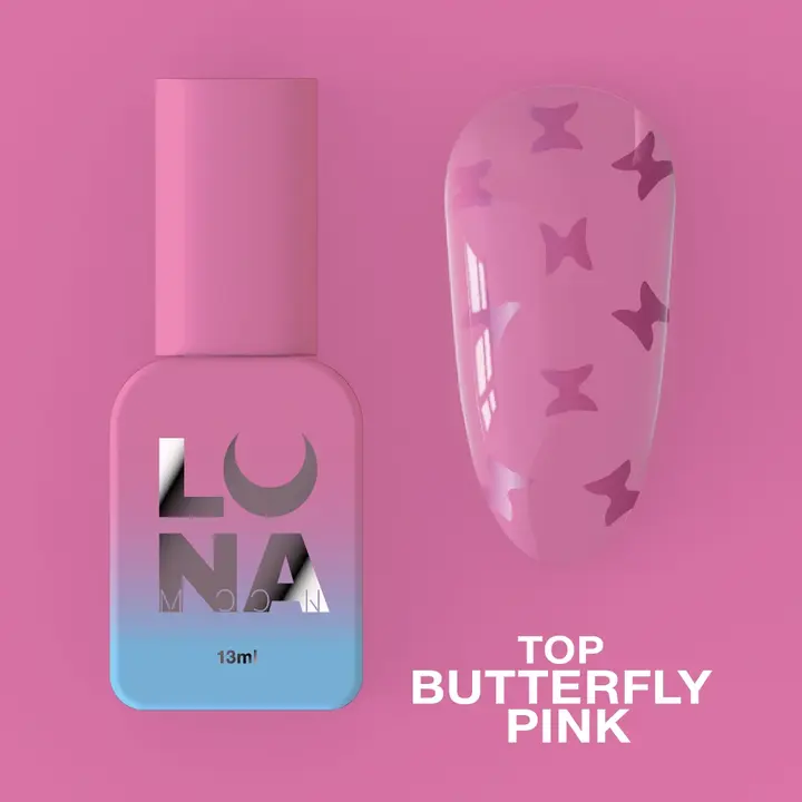 LUNAmoon. Pink Butterfly Top Coat, 13 ml, top z różowymi motylkami #2