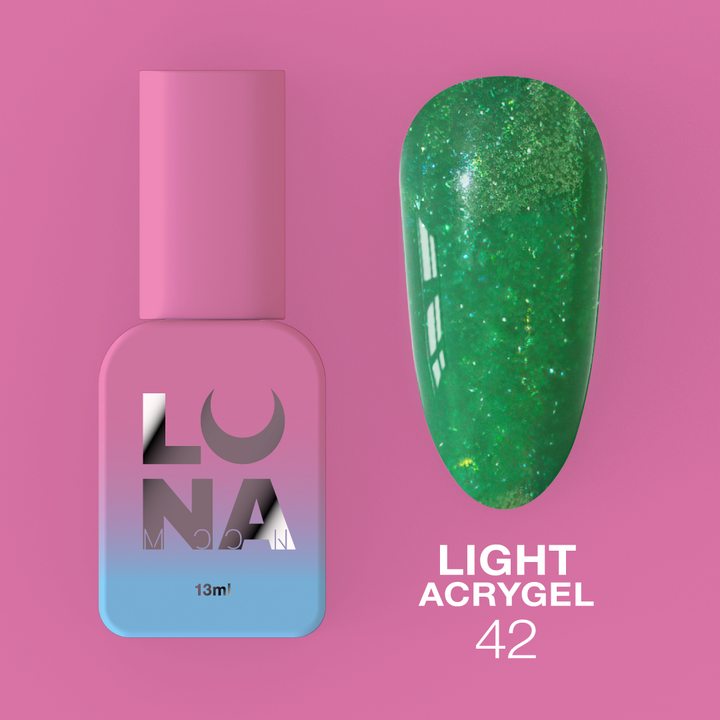 LUNAmoon. Light Acrygel #42 Green shimmer, 13 ml, gel líquido reflectante, verde con shimmer #2