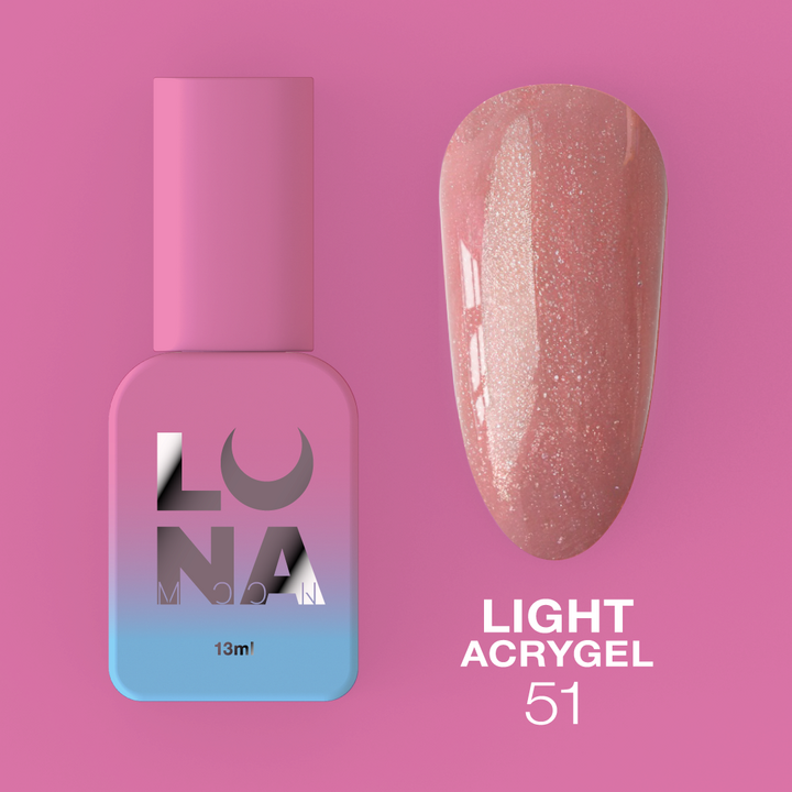 LUNAmoon. Light Acrygel #51 Pink beige with shimmer, 13 ml, gel líquido para fortalecer, rosa beige con shimmer #5
