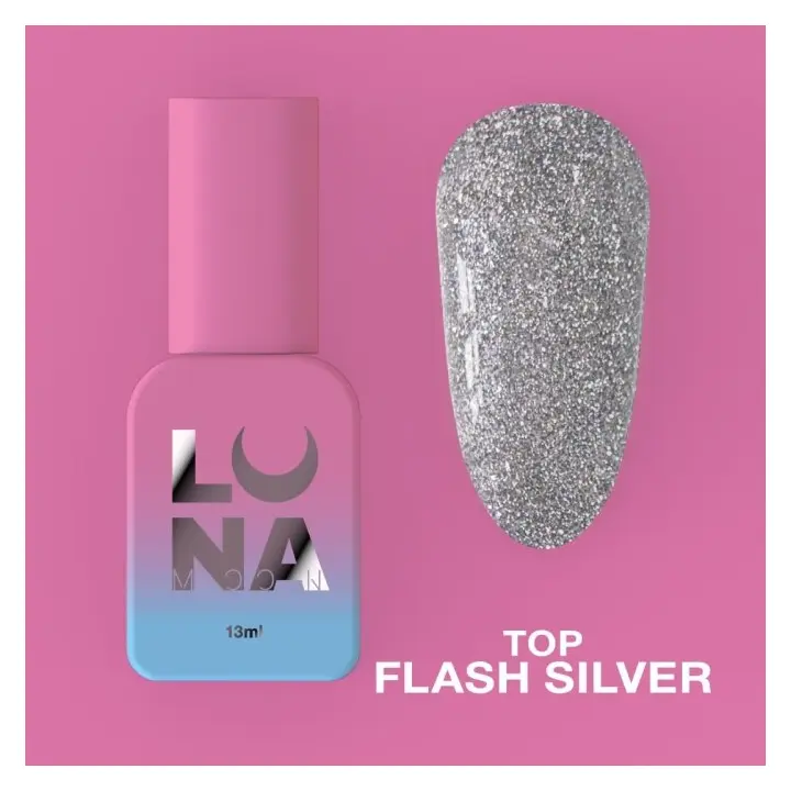 LUNAmoon. Flash Silver Top Coat, Reflective, 13 ml, світловідбиваючий топ #2