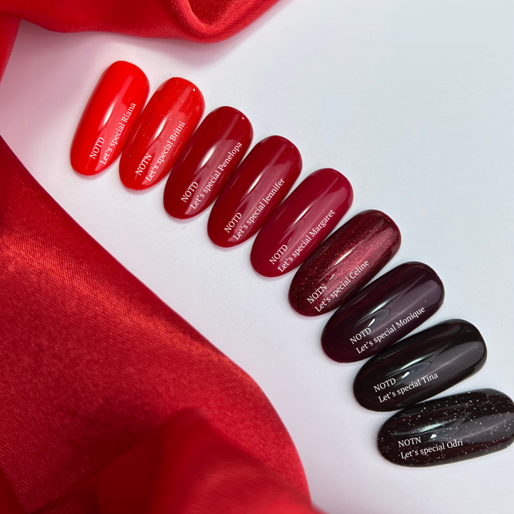 NOTD. "Let's Special" Gel Polish, CÉLINE, #147, 10 ml, гель-лак темно-червоний з червоними блискітками #6