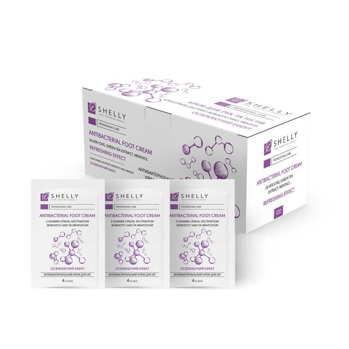 SHELLY.  Antibacterial foot cream with silver ions, green tea extract and menthol, 100 pcs*4 ml. Crema antibacteriana para pies con iones de plata, extracto de té verde y mentol 100 pzs*4 ml #1