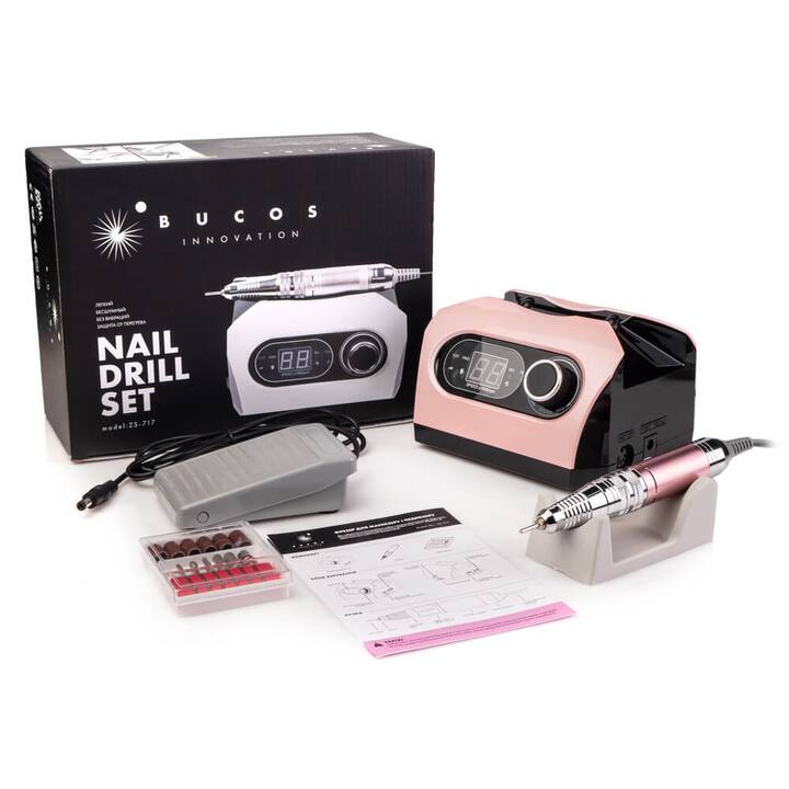 BUCOS. Nail drill "Bucos ZS-717", pink, 65W. Фрезер + 6 покращених фрез, 35 тисяч оборотів, реверс, рожевий корпус #6
