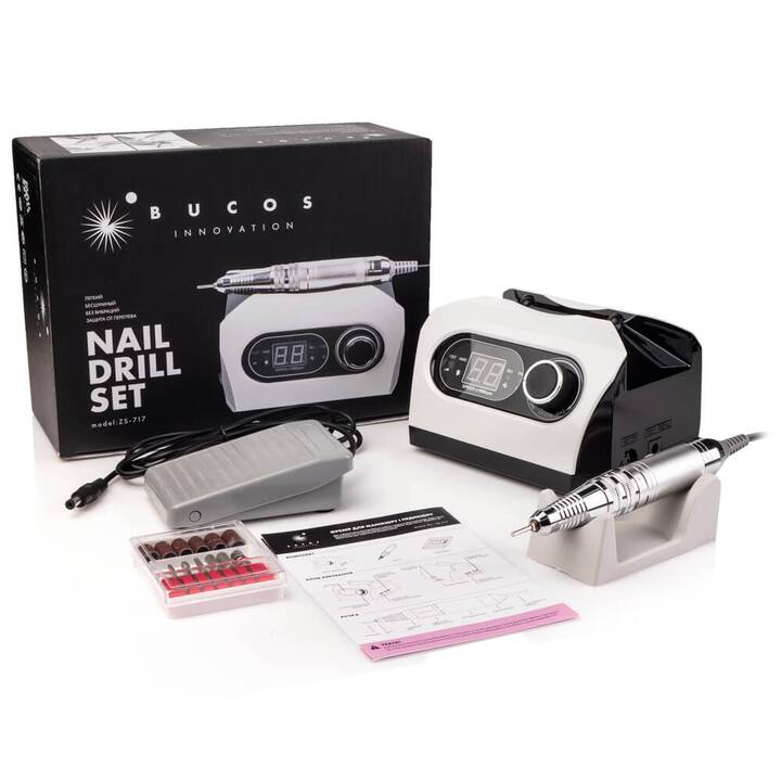 BUCOS. Nail drill "Bucos ZS-717", white, 65W. Фрезер + 6 покращених фрез, 35 тисяч оборотів, реверс, білий корпус #6