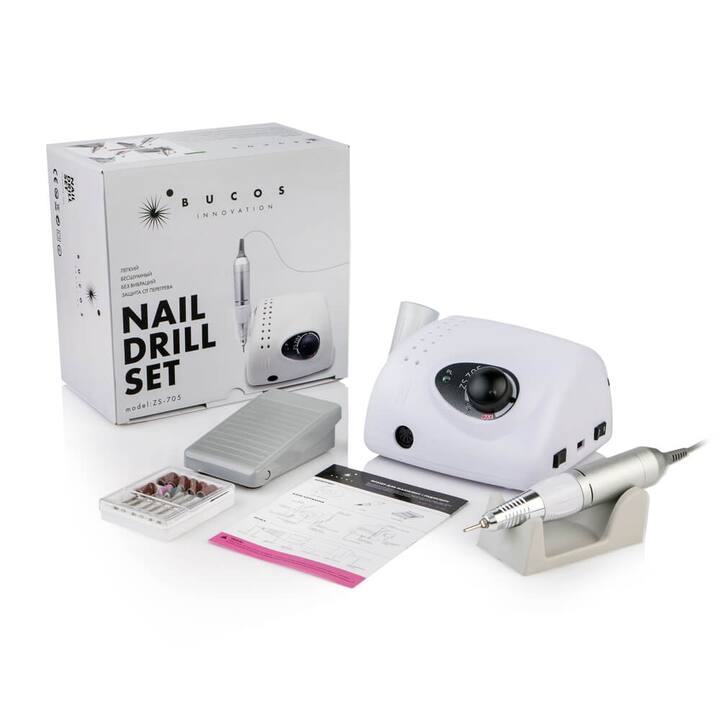 BUCOS. Nail drill "Bucos ZS-705", white, 65W. Фрезер + 6 покращених фрез, 35 тисяч оборотів, реверс, білий корпус #5