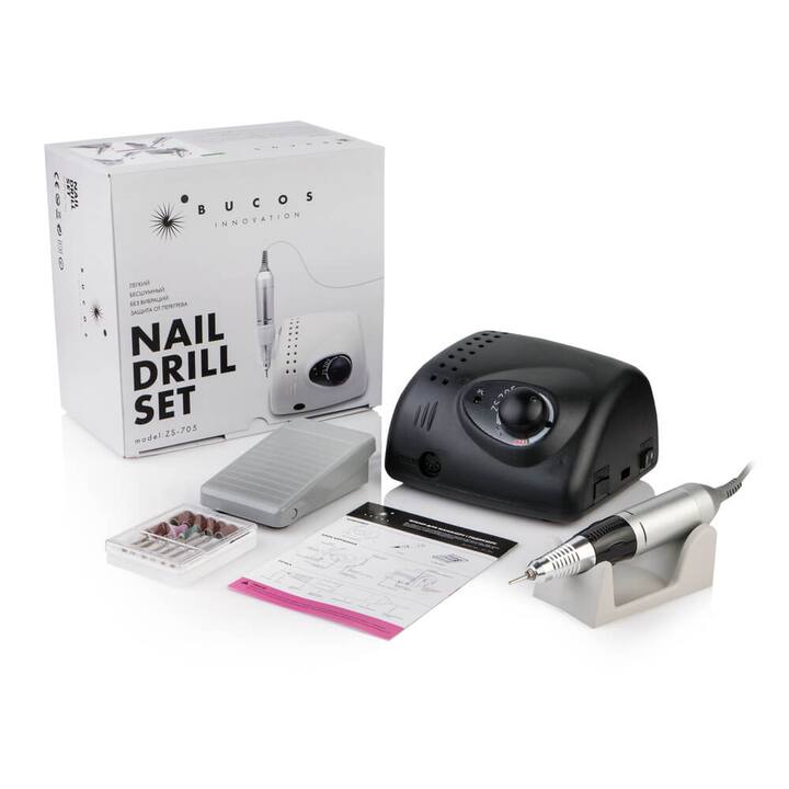 BUCOS. Nail drill "Bucos ZS-705", black, 65W. Фрезер + 6 покращених фрез, 35 тисяч оборотів, реверс, чорний корпус #5