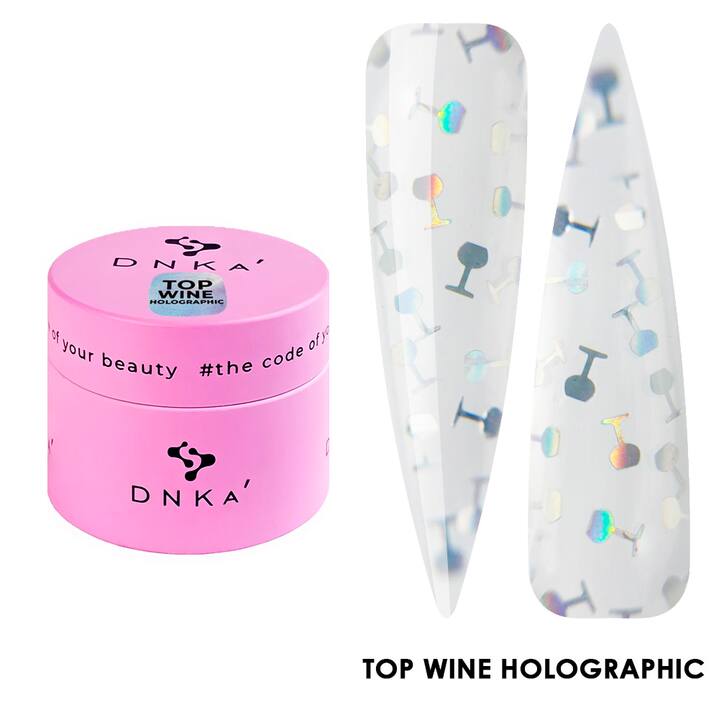 DNKa’. Top coat "Wine", Holographik, 15 ml. Топ з гологрaфічними келихами #1