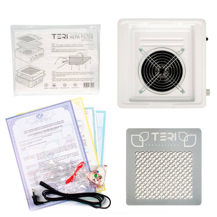 TERI, Desktop portable Nail dust Collector "Teri Turbo M", Витяжка настільна, біла, решітка біла #3