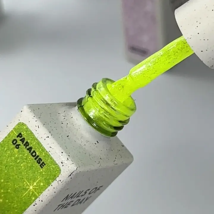 NOTD. Gel Polish, Let's special, PARADISE #06, 10 ml, гель-лак неоново-зелений з блискітками #2