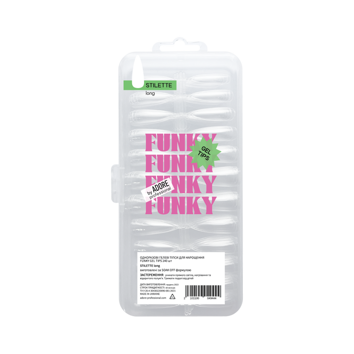 ADORE. Funky Gel Tips, Stilette Long, 240 pcs. Гелеві тіпси, подовжений стилет #1