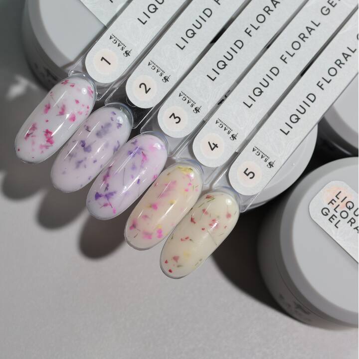 SAGA. Liquid Floral Gel, 15 ml, #02. Рідкий гель для укріплення та нарощування з сухоцвітами #2
