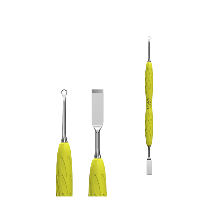 STALEKS. «Gummy» Spatula. Лопатка з жовтою силіконовою ручкою UNIQ 11 TYPE 1 (пушер плоский прямий + кільце) #2