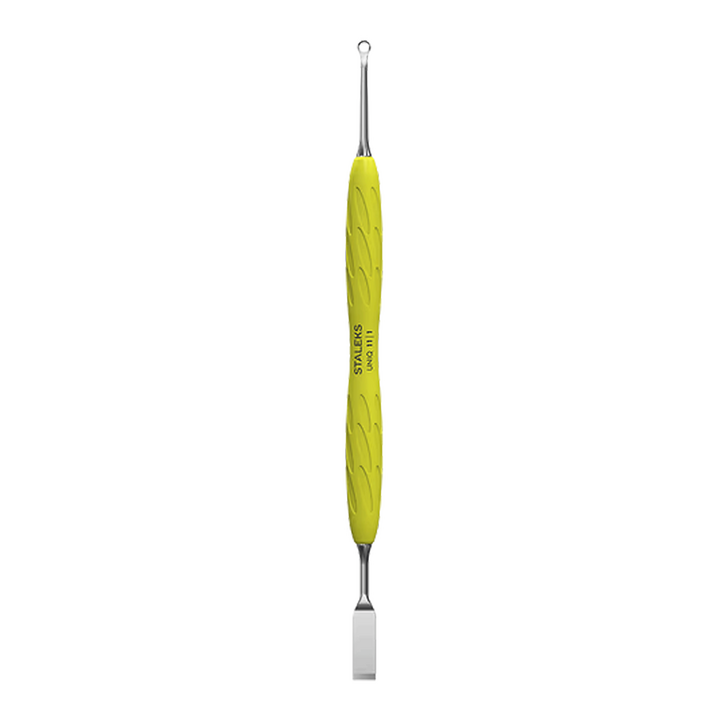 STALEKS. «Gummy» Spatula. Лопатка з жовтою силіконовою ручкою UNIQ 11 TYPE 1 (пушер плоский прямий + кільце) #1