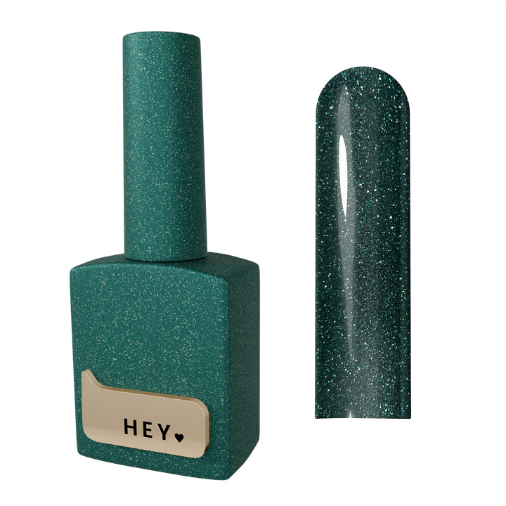 HEYLOVE. Reflective Gel Polish, PLAYFUL, 15 ml, gel polish, vert foncé avec des particules réfléchissantes argentées #1