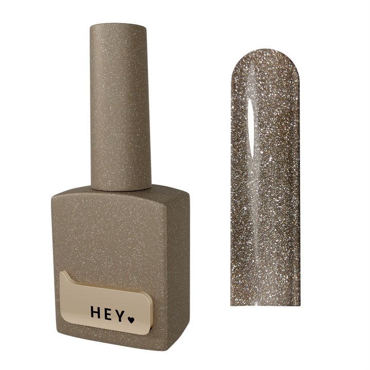 HEYLOVE. Reflective Gel Polish, DEMURE, 15 ml, gel polish, gris-beige con partículas reflectantes plateadas #1