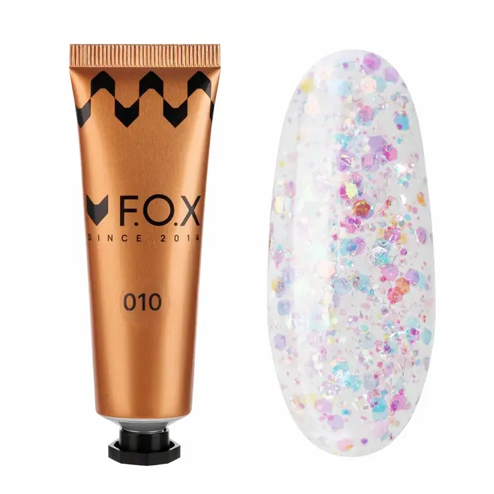 F.O.X. Poly gel Nano, #010, 30 ml. Надміцний полігель для моделювання з блискітками #1