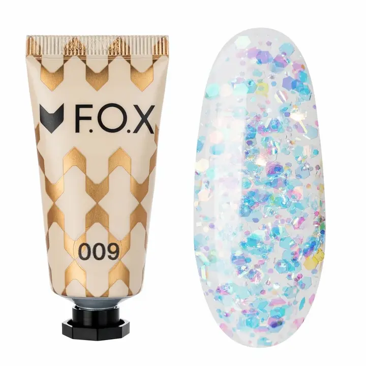 F.O.X. Poly gel Nano, #009, 15 ml. Надміцний полігель для моделювання з блискітками #1