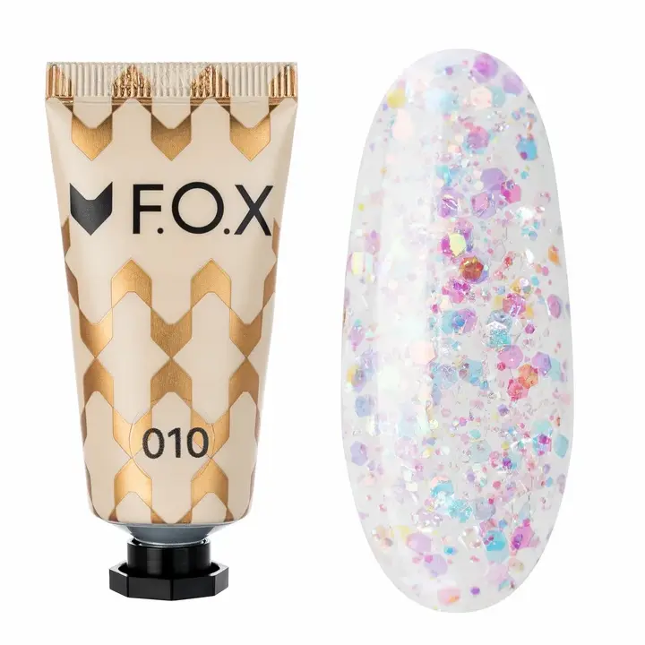 F.O.X. Poly gel Nano, #010, 15 ml. Надміцний полігель для моделювання з блискітками #1
