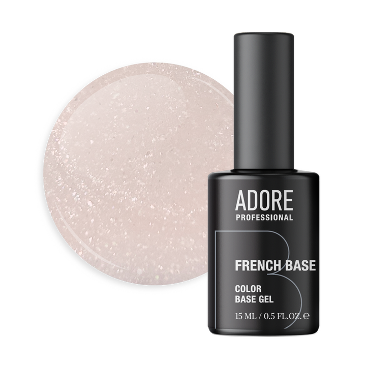 ADORE. French Base, №28, Off-white, 15 ml. Камуфлююча база, бежево-сіра з шимером — Adore Professional, NAILSMADE