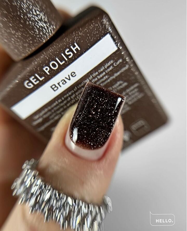 HEYLOVE. Reflective Gel Polish, BRAVE, 15 ml, гель-лак, коричневий зі срібними світловідбиваючими частинками #3