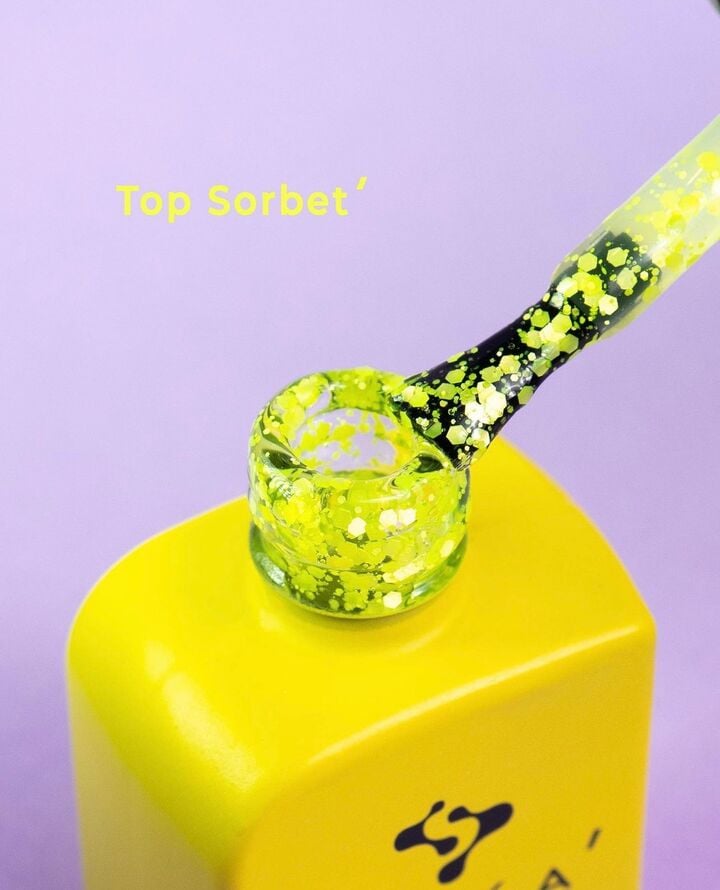 DNKa’. "Sorbet" Top coat, 12 ml, топ з неоново-жовтими пластівцями #3