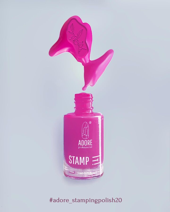 ADORE. Stamping nail polish, №20, Dolly, 8 ml. Лак для стемпінгу, яскраво-рожевий #3