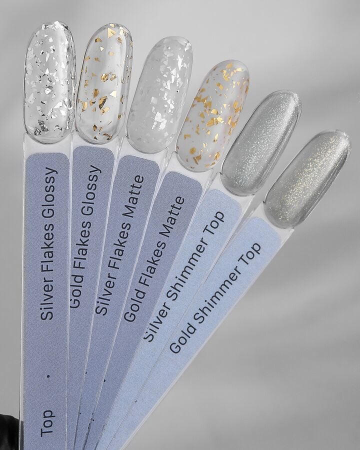 HEYLOVE. Gold Flakes Glossy Top coat, 15 ml, Топ глянцевый с золотистой фольгой — HEYLOVE, NAILSMADE