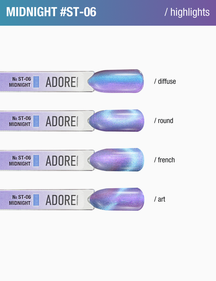 ADORE. Cat's Eye Gel Polish, #ST-06, Midnight, 12 ml. Gel Polish "Katzenauge" perlmuttfarben, lila #3