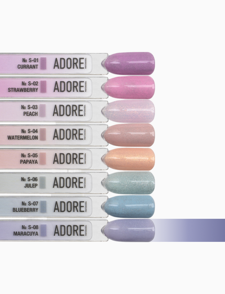 ADORE. Gel Polish, #S-02, Strawberry, 12 ml. Gel polish, pink, with shimmer [CLONE] [CLONE] [CLONE] [CLONE] [CLONE] [CLONE] — ADORE, NAILSMADE