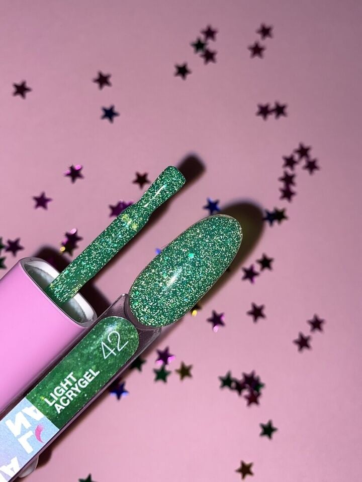 LUNAmoon. Light Acrygel #42 Green shimmer, 13 ml, gel líquido reflectante, verde con shimmer #7